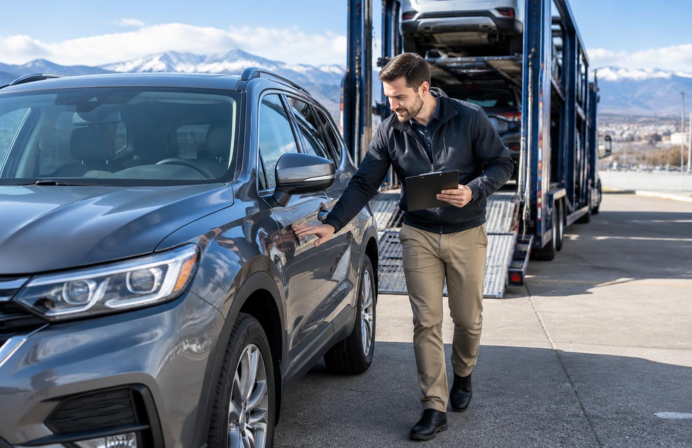 Auto transport coordinator completing a vehicle condition check